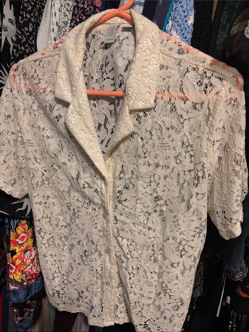 Joie Cream Lace Short Sleeve Button-Front Shirt